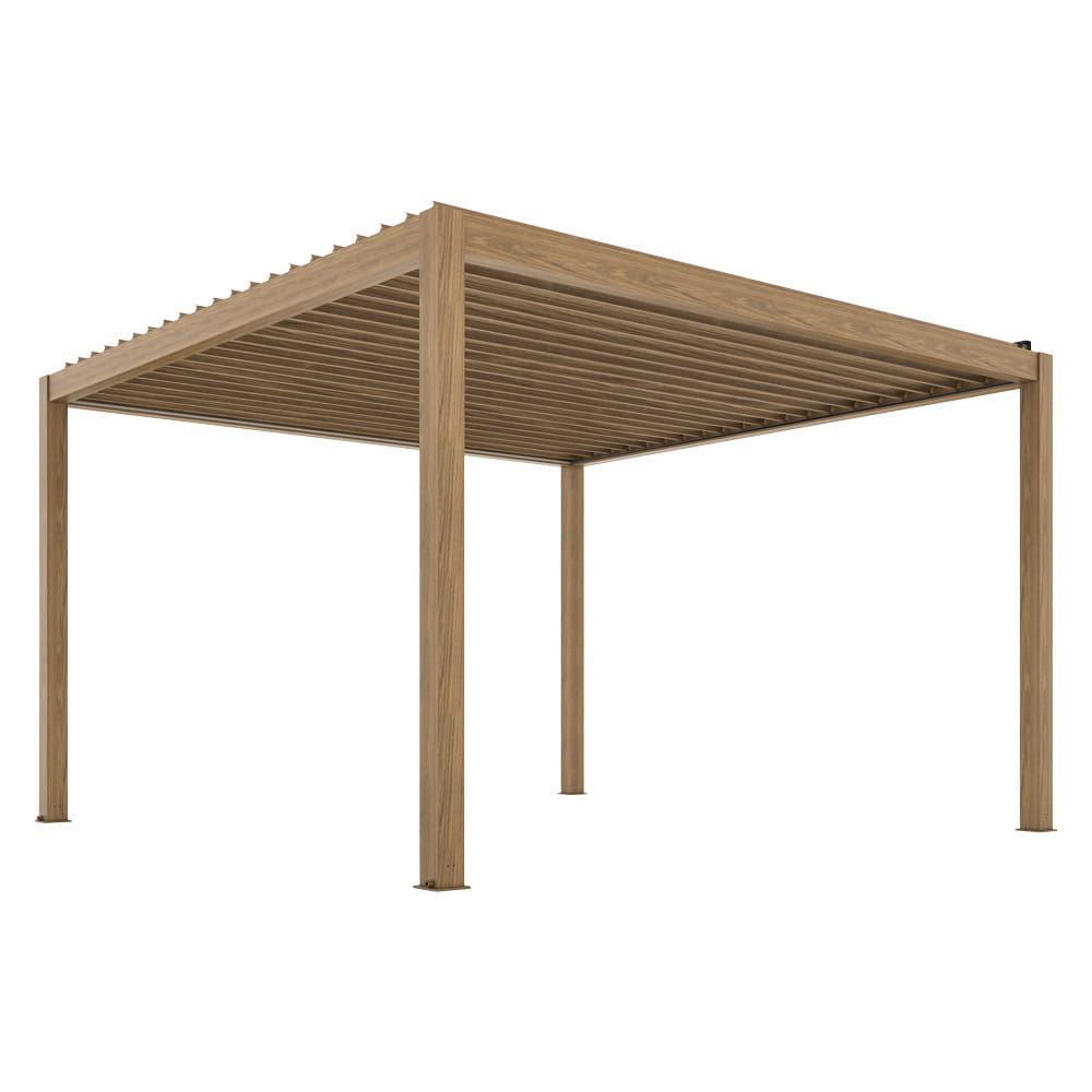 Pergola ogrodowa elektryczna Luxe 4×4 m aluminiowa z oświetleniem LED w kolorze drewna